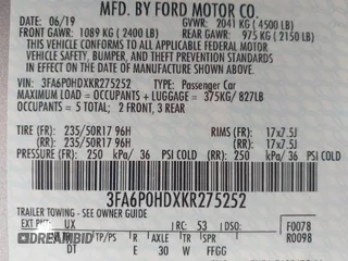 2019 Ford Fusion SE with VIN 3FA6P0HDXKR275252, listed as a IAAI auction lot 41918738 with 70,729 mi miles and . Bid and sale history available at DreamBid. Image 9.