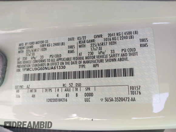 2022 Ford Escape SE with VIN 1FMCU9G60NUA61330, listed as a IAAI auction lot 41725478 with 150,587 mi miles and . Bid and sale history available at DreamBid. Image 9.
