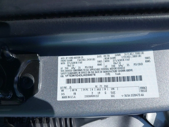 2020 Ford F-150 XL with VIN 1FTEW1E43LKE80078, listed as a IAAI auction lot 41603818 with 66,912 mi miles. Bid and sale history available at carsss.com. Image 9.