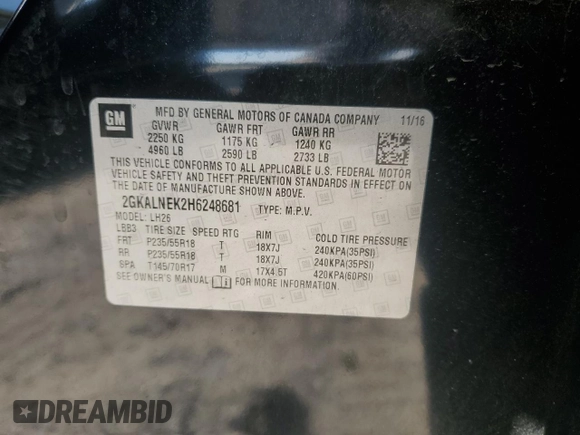 2017 GMC Terrain SLE z VIN 2GKALNEK2H6248681, wystawiony jako Copart lot #53831635 z przebiegiem 106 315 mil mil oraz Szkoda całkowita • Salvage title. Historia ofert i sprzedaży dostępna na DreamBid. Obrazek 12.