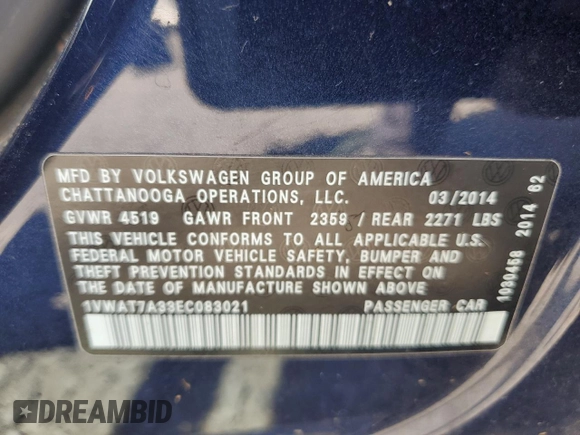2014 Volkswagen Passat Wolfsburg Edition with VIN 1VWAT7A33EC083021, listed as a Copart auction lot 56015745 with Not provided miles and Clean title. Bid and sale history available at DreamBid. Image 12.