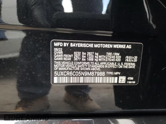 2022 BMW X5 xDrive40i with VIN 5UXCR6C05N9M87988, listed as a Copart auction lot 70896652 with 571 mi miles. Bid and sale history available at carsss.com. Image 13.