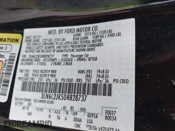2013 Lincoln MKZ with VIN 3LN6L2JK5DR828737, listed as a IAAI auction lot 41441694 with 115,431 mi miles. Bid and sale history available at carsss.com. Image 9.