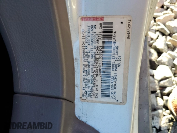 2001 Toyota Celica GT with VIN JTDDR32T110083908, listed as a Copart auction lot 50354065 with 250,359 mi miles and Salvage Title. Bid and sale history available at DreamBid. Image 12.