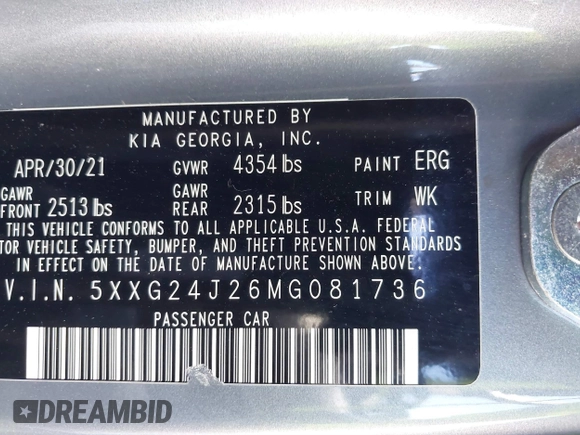 2021 Kia K5 LX with VIN 5XXG24J26MG081736, listed as a IAAI auction lot 41137554 with 56,312 mi miles. Bid and sale history available at carsss.com. Image 9.