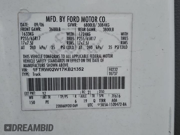2007 Ford F-150 XLT z VIN 1FTRW02W17KB21352, wystawiony jako Copart lot #83563024 z przebiegiem 234 173 mil mil oraz Szkoda całkowita • Salvage title. Historia ofert i sprzedaży dostępna na DreamBid. Obrazek 12.