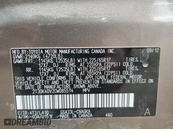 2012 Toyota RAV4 Limited with VIN 2T3DK4DV2CW085514, listed as a Copart auction lot 49698405 with 251,464 mi miles and Salvage Title. Bid and sale history available at carsss.com. Image 13.