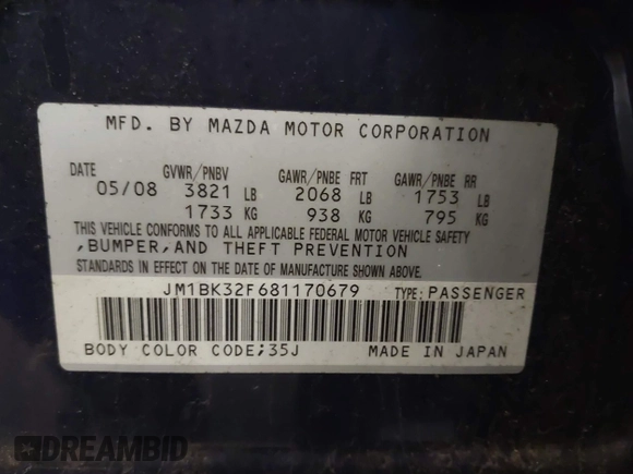 2008 Mazda Mazda3 i Touring Value with VIN JM1BK32F681170679, listed as a IAAI auction lot 42211170 with 129,051 mi miles. Bid and sale history available at carsss.com. Image 9.