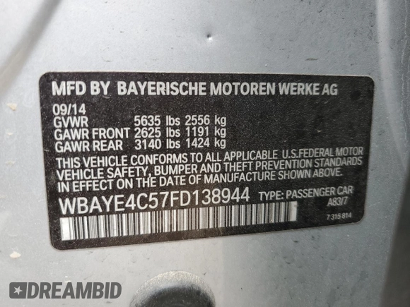 2015 BMW 7 Series 740Li with VIN WBAYE4C57FD138944, listed as a Copart auction lot 78638514 with 154,772 mi miles and Clean Title. Bid and sale history available at DreamBid. Image 12.