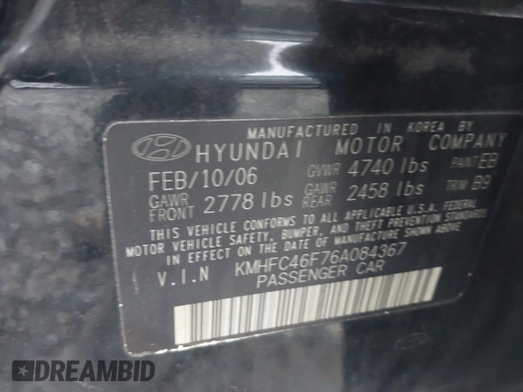 2006 Hyundai Azera SE with VIN KMHFC46F76A084367, listed as a IAAI auction lot 41752381 with 108,173 mi miles and . Bid and sale history available at DreamBid. Image 9.