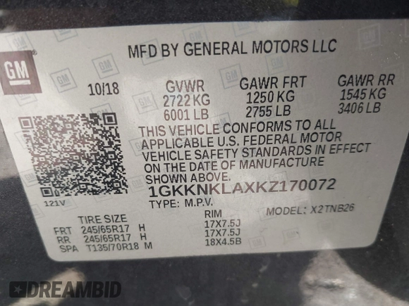 2019 GMC Acadia SLE with VIN 1GKKNKLAXKZ170072, listed as a IAAI auction lot 40532368 with 90,451 mi miles. Bid and sale history available at carsss.com. Image 9.