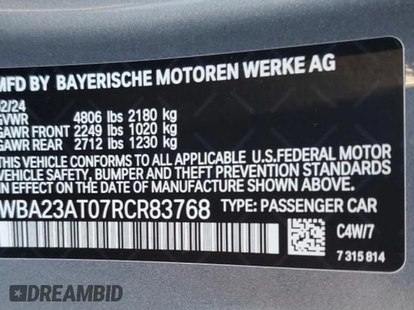 2024 BMW 4 Series 430i z VIN WBA23AT07RCR83768, wystawiony jako Copart lot #81619294 z przebiegiem Nie podano mil oraz Czysty tytuł • Clean title. Historia ofert i sprzedaży dostępna na DreamBid. Obrazek 12.