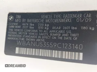 2009 BMW 5 Series 528i with VIN WBANU53559C123140, listed as a IAAI auction lot 41485181 with 247,361 mi miles and . Bid and sale history available at carsss.com. Image 9.