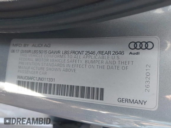 2018 Audi A6 Premium with VIN WAUC8AFC1JN011331, listed as a IAAI auction lot 41070804 with 77,514 mi miles. Bid and sale history available at carsss.com. Image 9.