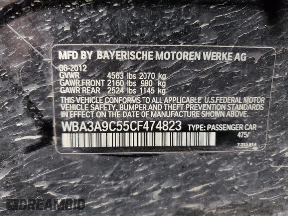 2012 BMW 3 Series 335i with VIN WBA3A9C55CF474823, listed as a Copart auction lot 87766325 with 146,985 mi miles and Salvage title. Bid and sale history available at DreamBid. Image 12.