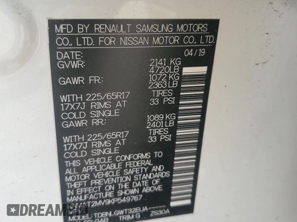 2019 Nissan Rogue SV with VIN KNMAT2MV9KP549767, listed as a Copart auction lot 54419235 with 58,400 mi miles and Salvage Title. Bid and sale history available at carsss.com. Image 13.