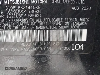2020 Mitsubishi Mirage SE z VIN ML32F4FJ8LHF11871, wystawiony jako IAAI lot #41682328 z przebiegiem 45 594 mil mil oraz . Historia ofert i sprzedaży dostępna na DreamBid. Obrazek 9.