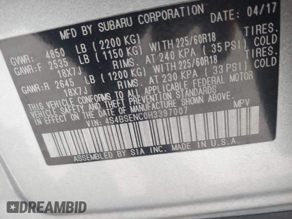 2017 Subaru Outback Limited with VIN 4S4BSENC0H3397007, listed as a IAAI auction lot 42433237 with 69,277 mi miles and . Bid and sale history available at DreamBid. Image 9.