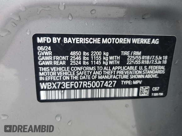 2024 BMW X1 xDrive28i with VIN WBX73EF07R5007427, listed as a Copart auction lot 64377815 with 25,783 mi miles and Clean title. Bid and sale history available at DreamBid. Image 12.