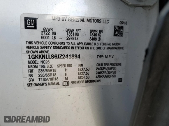 2018 GMC Acadia SLE with VIN 1GKKNLLS6JZ241894, listed as a Copart auction lot 80726594 with 118,449 mi miles and Salvage Title. Bid and sale history available at DreamBid. Image 14.