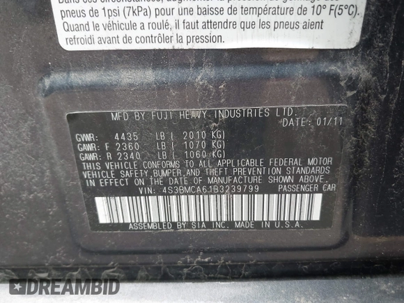 2011 Subaru Legacy 2.5i z VIN 4S3BMCA61B3239799, wystawiony jako IAAI lot #42099808 z przebiegiem 166 678 mil mil oraz . Historia ofert i sprzedaży dostępna na DreamBid. Obrazek 9.