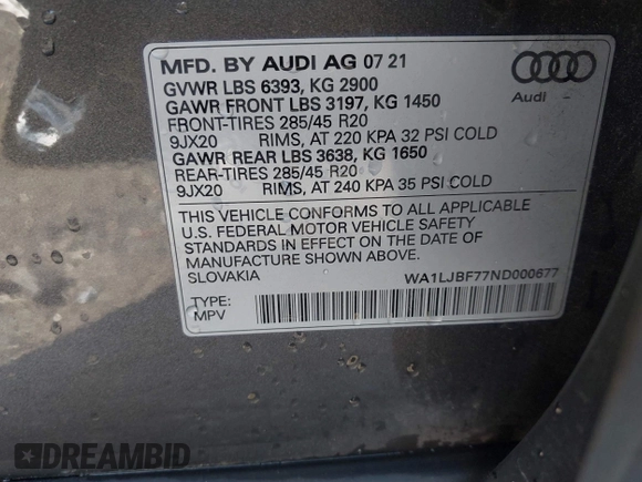 2022 Audi Q7 Premium Plus with VIN WA1LJBF77ND000677, listed as a IAAI auction lot 42265309 with 59,412 mi miles and . Bid and sale history available at DreamBid. Image 9.