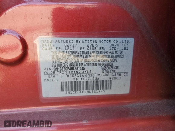 2017 Nissan Note SV with VIN 3N1CE2CP4HL361445, listed as a Copart auction lot 64514415 with 91,521 mi miles and Salvage title. Bid and sale history available at DreamBid. Image 12.
