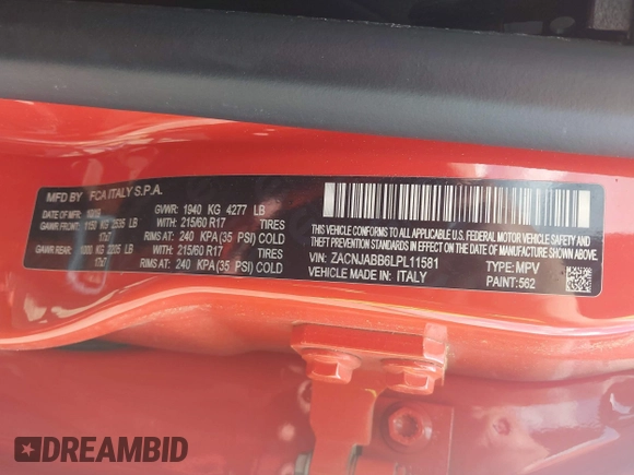 2020 Jeep Renegade Altitude z VIN ZACNJABB6LPL11581, wystawiony jako IAAI lot #42225447 z przebiegiem Nie podano mil oraz . Historia ofert i sprzedaży dostępna na DreamBid. Obrazek 9.
