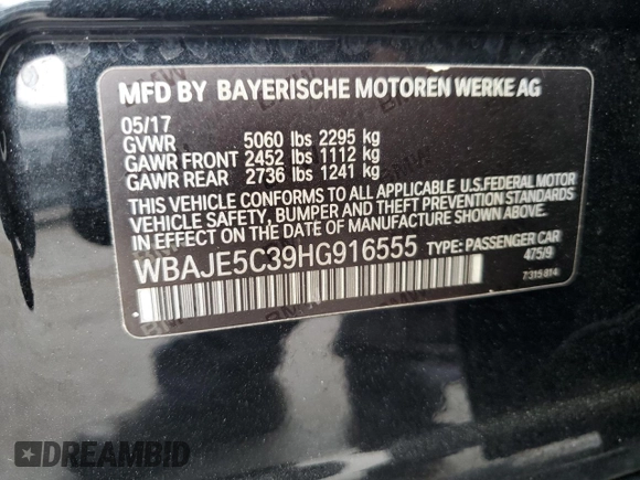 2017 BMW 5 Series 540i with VIN WBAJE5C39HG916555, listed as a Copart auction lot 48493625 with 95,592 mi miles and Clean Title. Bid and sale history available at carsss.com. Image 12.