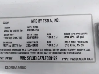 2020 Tesla Model 3 Standard Range Plus with VIN 5YJ3E1EA7LF659172, listed as a IAAI auction lot 42017026 with 32,104 mi miles. Bid and sale history available at carsss.com. Image 9.