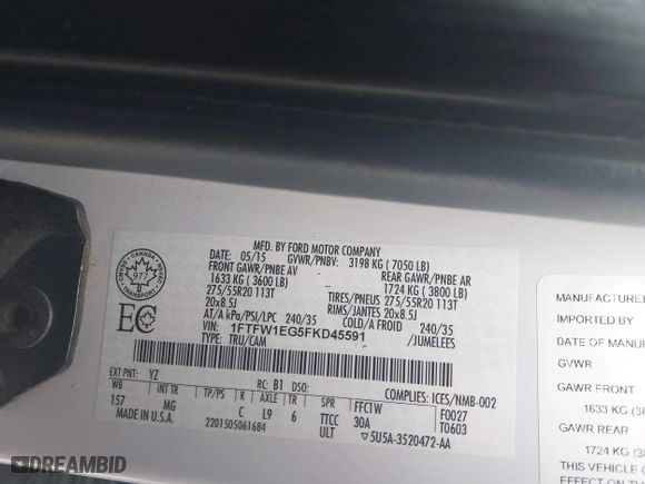 2015 Ford F-150 XLT w/HD Payload Pkg with VIN 1FTFW1EG5FKD45591, listed as a IAAI auction lot 41358244 with 134,081 mi miles. Bid and sale history available at carsss.com. Image 9.