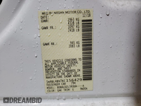2019 Nissan Altima S with VIN 1N4BL4BV7KC156429, listed as a Copart auction lot 50074055 with 97,118 mi miles and Salvage Title. Bid and sale history available at DreamBid. Image 12.