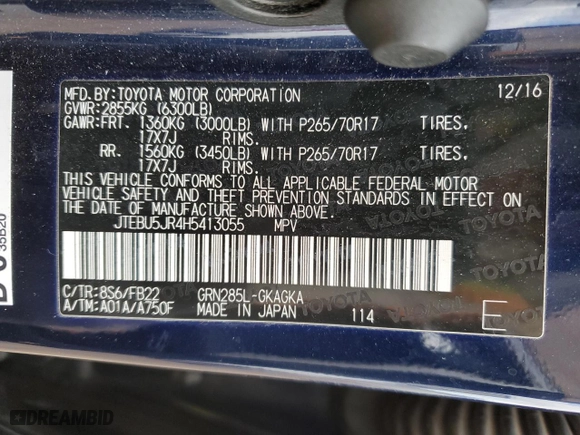 2017 Toyota 4Runner SR5 with VIN JTEBU5JR4H5413055, listed as a Copart auction lot 51081095 with 75,016 mi miles and Salvage Title. Bid and sale history available at carsss.com. Image 13.