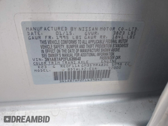 2015 Nissan Sentra SV with VIN 3N1AB7AP2FL639840, listed as a IAAI auction lot 42101611 with Not Provided miles and . Bid and sale history available at DreamBid. Image 9.