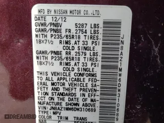 2013 Nissan Murano SL with VIN JN8AZ1MW6DW310689, listed as a Copart auction lot 42227565 with 108,834 mi miles and Clean Title. Bid and sale history available at carsss.com. Image 13.