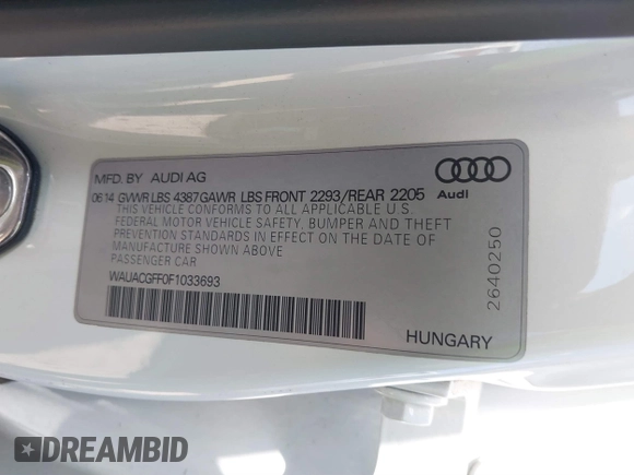 2015 Audi A3 1.8T Premium with VIN WAUACGFF0F1033693, listed as a IAAI auction lot 41823346 with 70,140 mi miles. Bid and sale history available at carsss.com. Image 9.