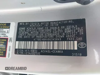 2009 Toyota Camry with VIN 4T1BE46K49U345849, listed as a IAAI auction lot 42099498 with 176,433 mi miles and . Bid and sale history available at DreamBid. Image 9.