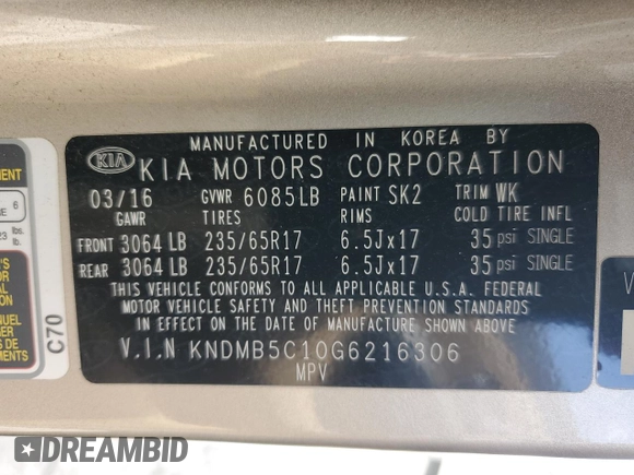 2016 Kia Sedona LX with VIN KNDMB5C10G6216306, listed as a Copart auction lot 50945055 with 73,754 mi miles and Salvage Title. Bid and sale history available at carsss.com. Image 14.