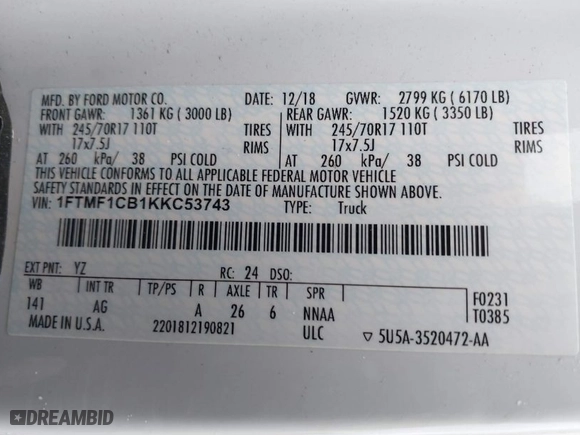 2019 Ford F-150 XL with VIN 1FTMF1CB1KKC53743, listed as a IAAI auction lot 41910136 with 106,461 mi miles. Bid and sale history available at carsss.com. Image 9.