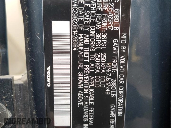 2008 Volvo XC90 I6 with VIN YV4CZ982381428984, listed as a Copart auction lot 55433565 with 161,973 mi miles and Salvage Title. Bid and sale history available at DreamBid. Image 13.