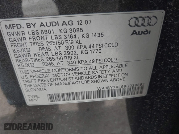 2008 Audi Q7 Premium with VIN WA1BY74L98D039862, listed as a IAAI auction lot 42571524 with 182,011 mi miles and . Bid and sale history available at DreamBid. Image 9.