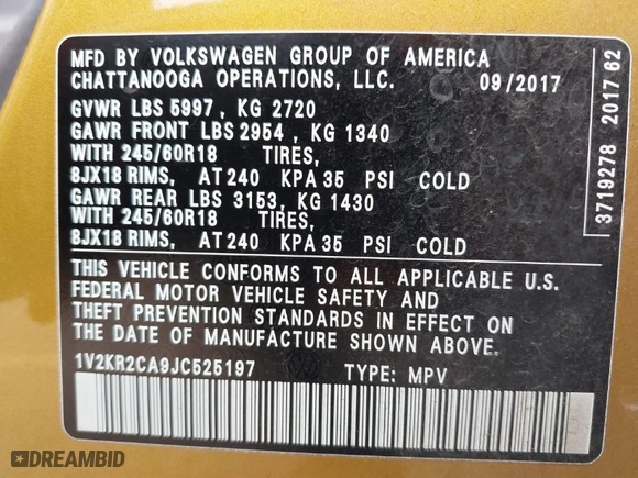 2018 Volkswagen Atlas 3.6L V6 SE with VIN 1V2KR2CA9JC525197, listed as a IAAI auction lot 37875450 with 62,703 mi miles. Bid and sale history available at carsss.com. Image 9.