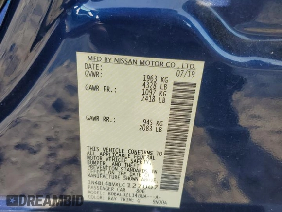 2020 Nissan Altima S with VIN 1N4BL4BVXLC127007, listed as a Copart auction lot 81233514 with 129,626 mi miles and Salvage title. Bid and sale history available at DreamBid. Image 12.