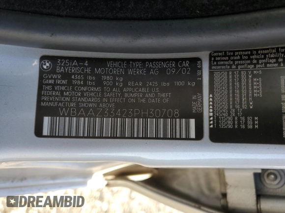 2003 BMW 3 Series 325i with VIN WBAAZ33423PH30708, listed as a Copart auction lot 81006754 with 192,110 mi miles and Salvage Title. Bid and sale history available at carsss.com. Image 12.