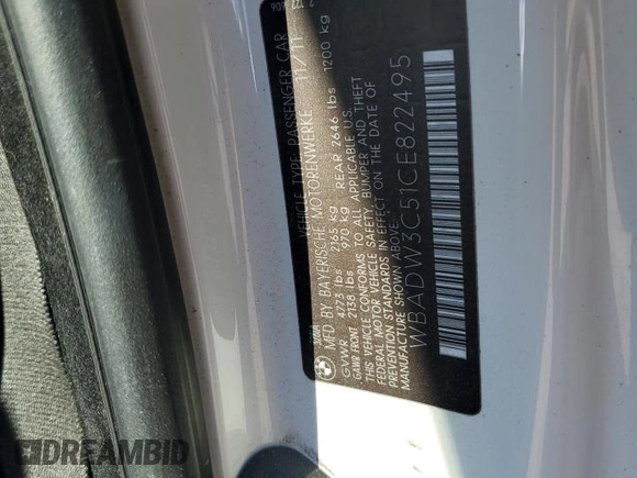 2012 BMW 3 Series 328i with VIN WBADW3C51CE822495, listed as a Copart auction lot 82189064 with Not provided miles and Salvage title. Bid and sale history available at DreamBid. Image 15.