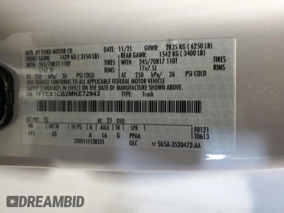 2021 Ford F-150 XL with VIN 1FTEX1CB2MKE72943, listed as a Copart auction lot 51618435 with 125,692 mi miles and Clean title. Bid and sale history available at DreamBid. Image 12.