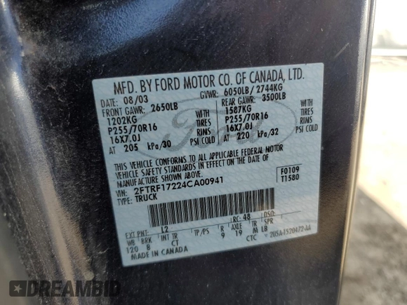 2004 Ford F-150 XL с VIN 2FTRF17224CA00941, выставлен на аукционе Copart как лот 52322135 с пробегом 248 374 миль миль и Чистый • Clean title. История ставок и продаж доступна на DreamBid. Изображение 12.
