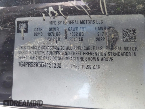2013 Buick Verano Convenience Group with VIN 1G4PR5SK5D4181395, listed as a IAAI auction lot 41709845 with 161,835 mi miles. Bid and sale history available at carsss.com. Image 9.