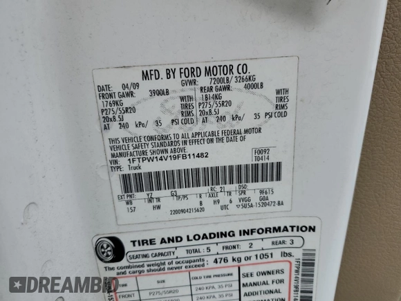2009 Ford F-150 XL with VIN 1FTPW14V19FB11482, listed as a Copart auction lot 62647635 with 317,024 mi miles and Salvage title. Bid and sale history available at DreamBid. Image 12.