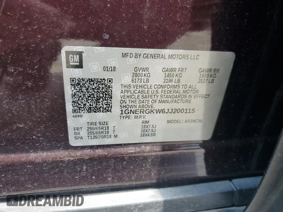 2018 Chevrolet Traverse LT Cloth z VIN 1GNERGKW6JJ200115, wystawiony jako Copart lot #54846515 z przebiegiem 79 785 mil mil oraz Szkoda całkowita • Salvage title. Historia ofert i sprzedaży dostępna na DreamBid. Obrazek 14.